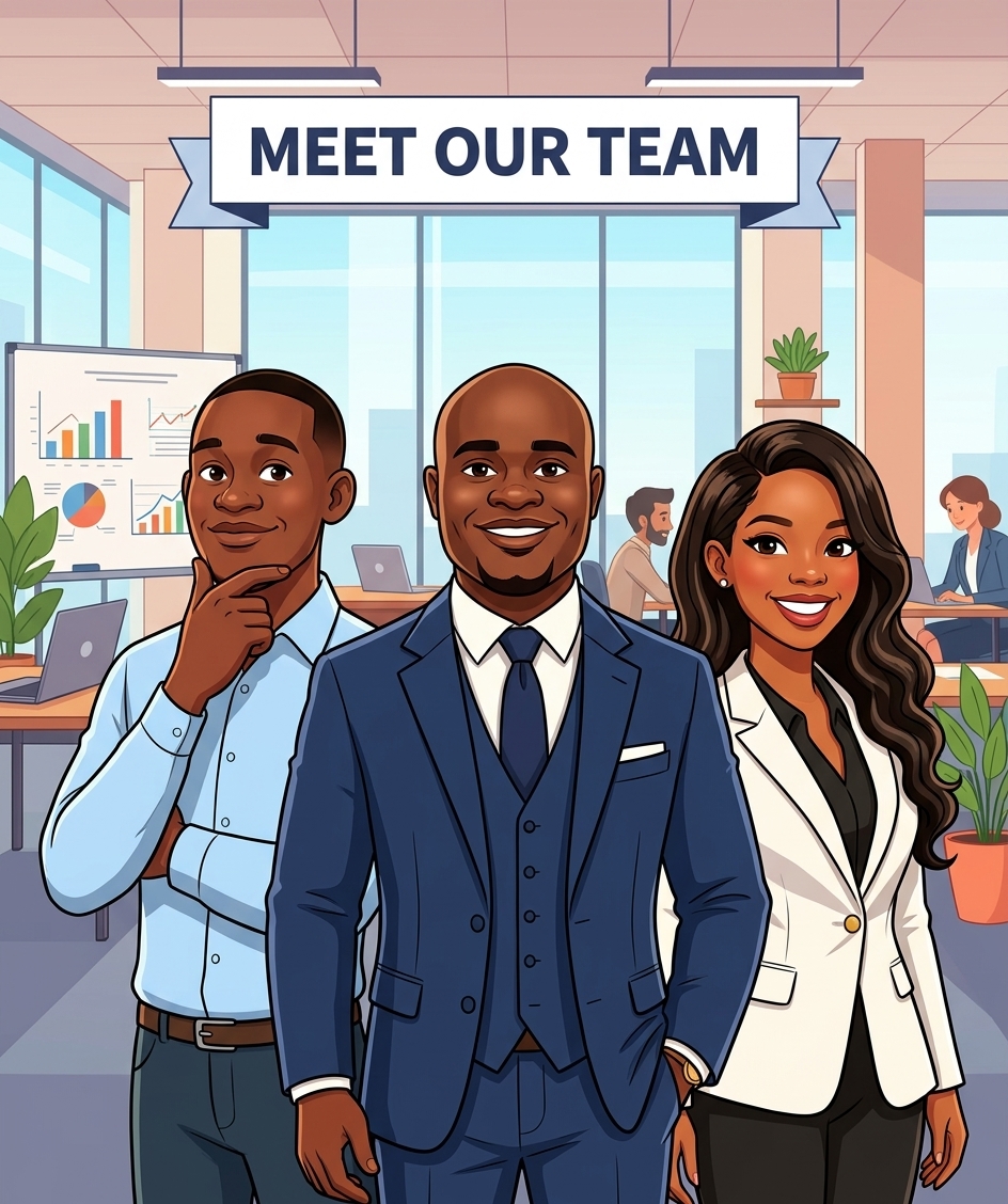 The three partners of Frontline Software Limited standing together in their Kitwe office.